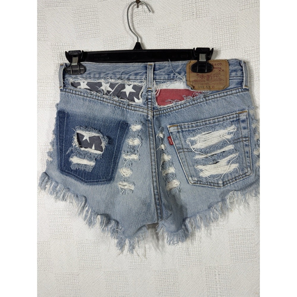 Levi 501 Women Cutoff Buttonfly American Flag Design Back 8/10 Measuremts N Pic